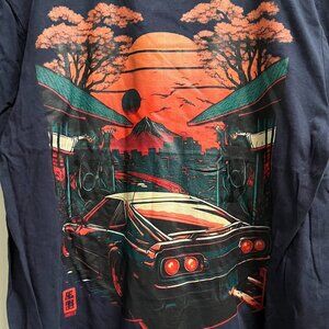 Car‎ Sunset Anime Retro Japanese T shirt Short Sleeve Navy Unisex Size Large NEW